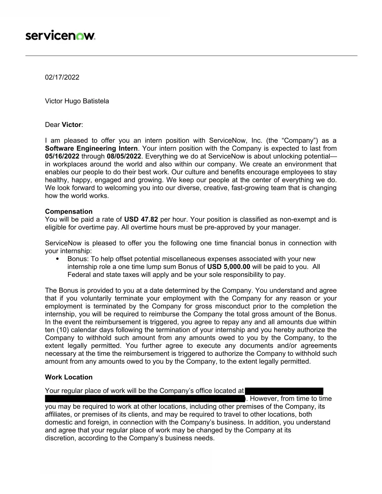 ServiceNow offer letter